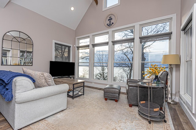 living room featuring high vaulted ceiling, wood finished floors, and recessed lighting