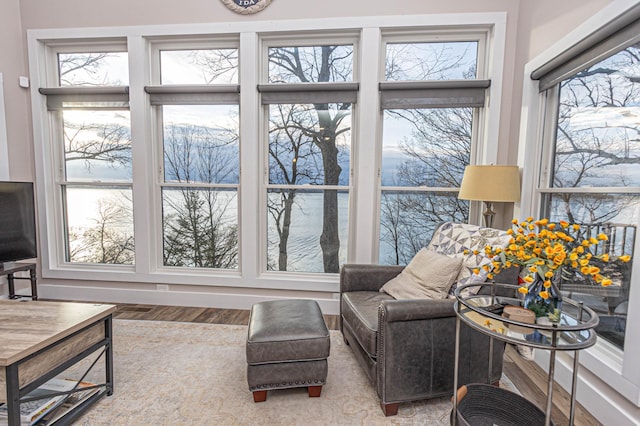 sunroom / solarium featuring plenty of natural light and a water view