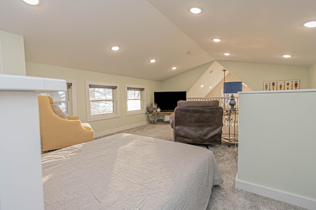 bedroom featuring lofted ceiling, recessed lighting, baseboards, and light colored carpet