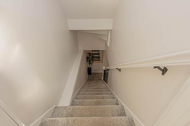 staircase featuring baseboards and carpet flooring