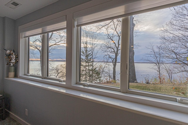 room details with a water view, visible vents, and baseboards