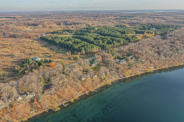 birds eye view of property with a water view and a view of trees