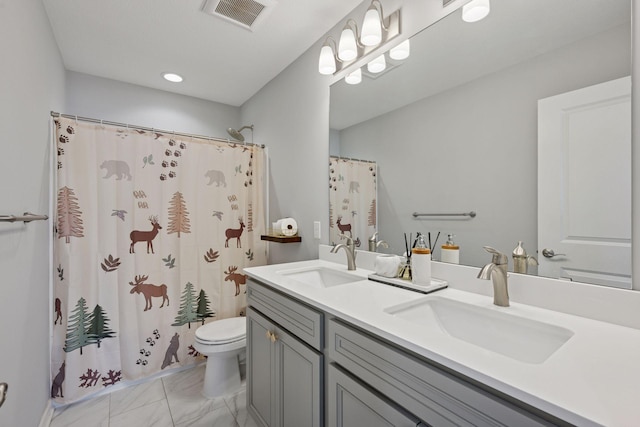 full bath with a sink, visible vents, toilet, and marble finish floor