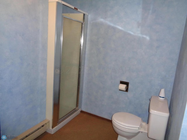 bathroom with toilet, a baseboard radiator, an enclosed shower, and baseboards