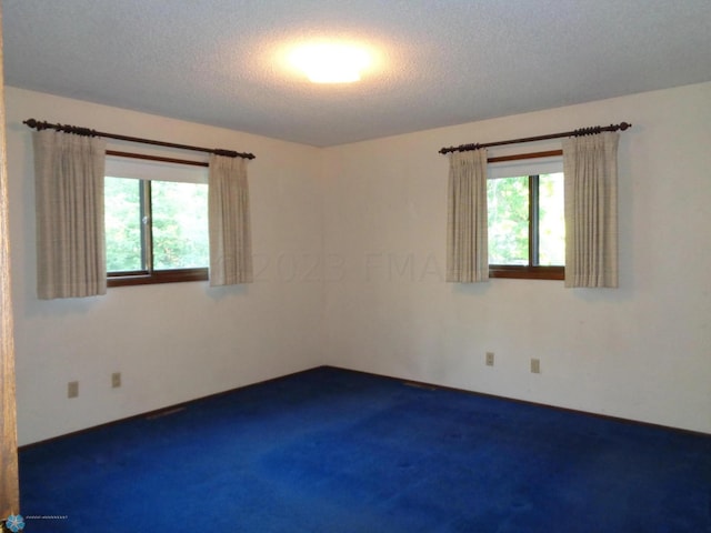 empty room with a textured ceiling, dark carpet, and plenty of natural light