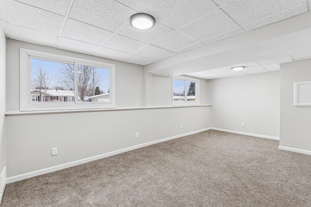 basement with baseboards, a drop ceiling, and carpet flooring