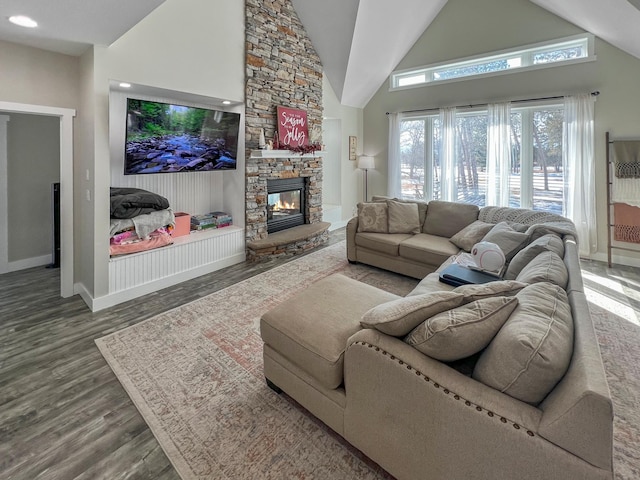 13849 Leaf River Rd, Wadena, MN 56482 - living area with wood finished floors, a stone fireplace, high vaulted ceiling, and baseboards