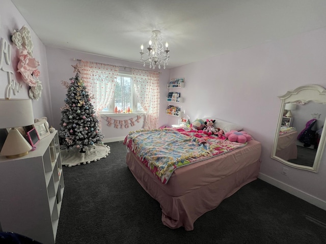 13849 Leaf River Rd, Wadena, MN 56482 - bedroom featuring dark carpet, a chandelier, and baseboards