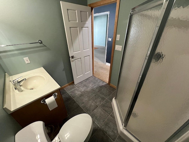 13849 Leaf River Rd, Wadena, MN 56482 - bathroom featuring baseboards, a shower stall, toilet, and vanity