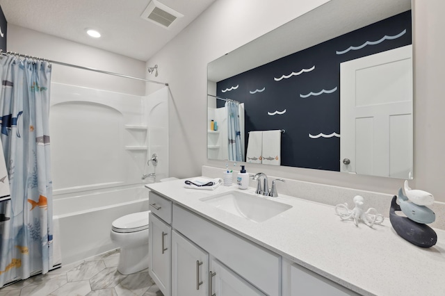 bathroom with toilet, shower / tub combo, vanity, and visible vents