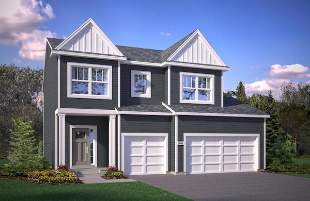 view of front facade featuring a garage, a shingled roof, aphalt driveway, and board and batten siding