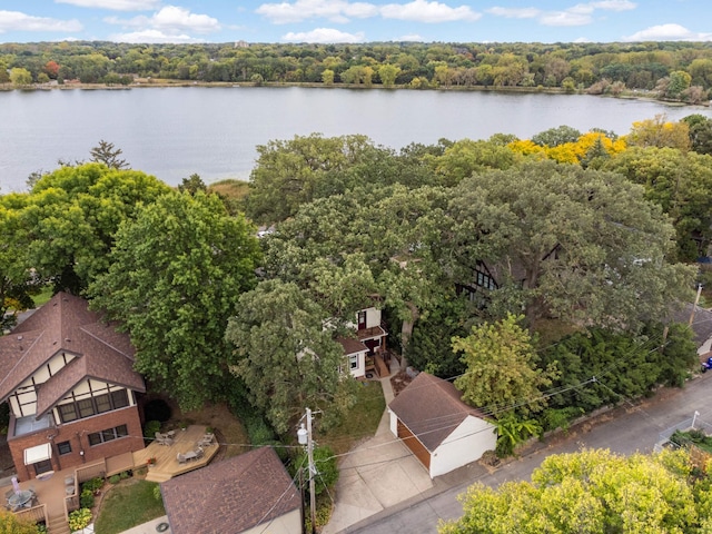 aerial view featuring a water view and a view of trees