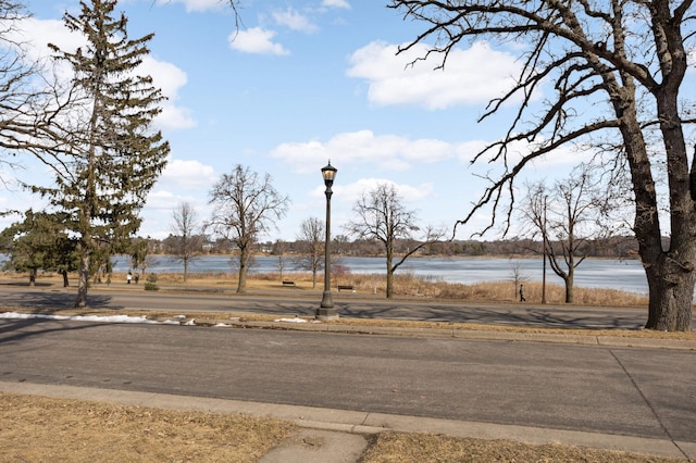 exterior space with curbs, a water view, and street lighting