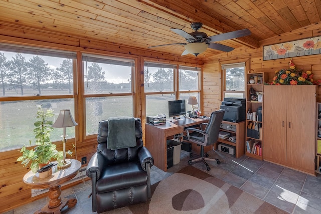 office space featuring wooden ceiling, wood walls, and ceiling fan