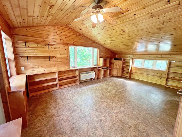 bonus room featuring a ceiling fan, wood ceiling, an AC wall unit, vaulted ceiling, and wood walls