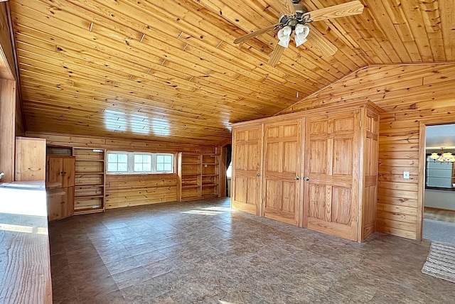 additional living space featuring lofted ceiling, wooden ceiling, ceiling fan, and wooden walls