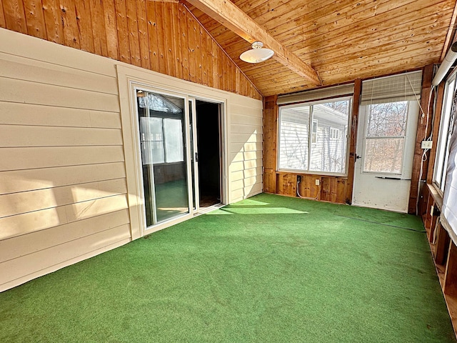 unfurnished sunroom featuring vaulted ceiling with beams and wood ceiling