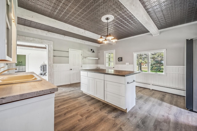 kitchen with a baseboard radiator, wood counters, white cabinets, wainscoting, and an ornate ceiling