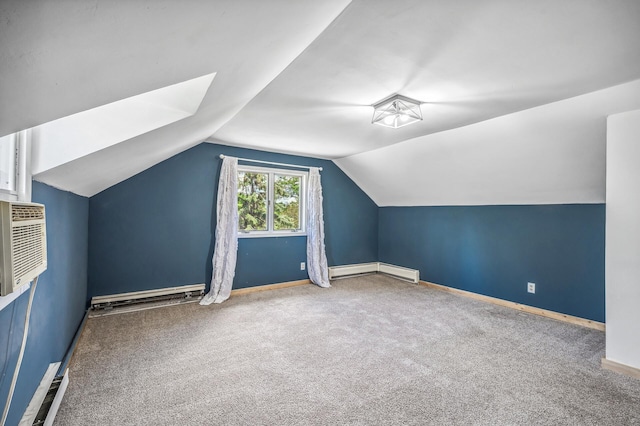 bonus room featuring carpet, baseboards, vaulted ceiling, and baseboard heating