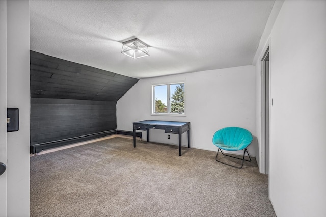 additional living space featuring a textured ceiling, carpet floors, wood walls, and lofted ceiling