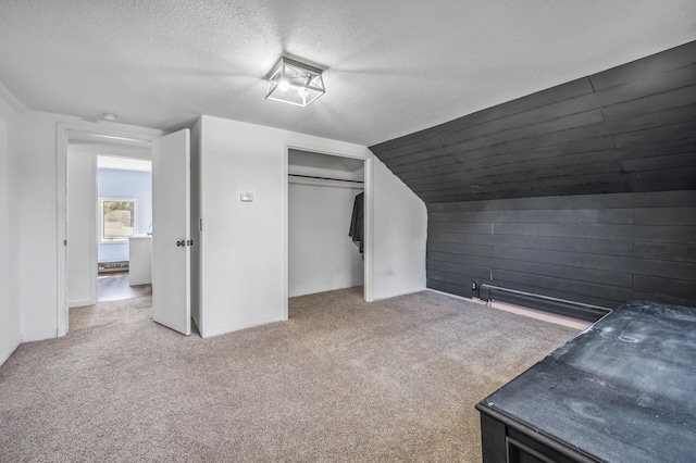 additional living space featuring carpet floors, vaulted ceiling, a textured ceiling, and wooden walls