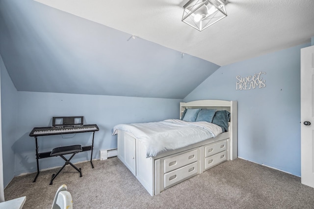 bedroom featuring lofted ceiling, carpet flooring, a textured ceiling, and baseboard heating