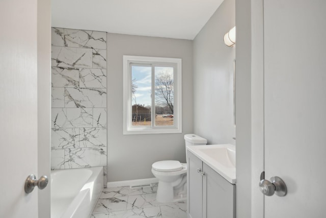 full bathroom with visible vents, baseboards, toilet, marble finish floor, and vanity