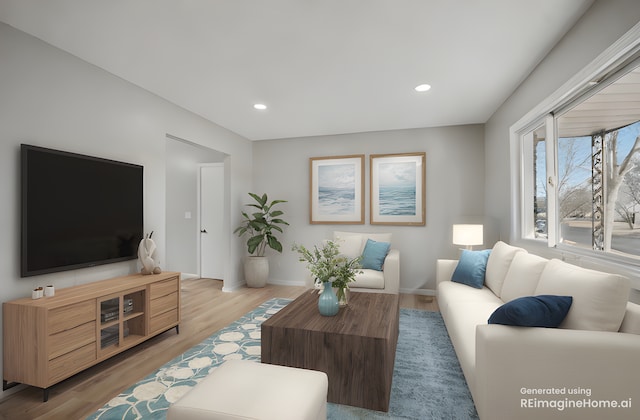 living room with light wood-style floors, baseboards, and recessed lighting