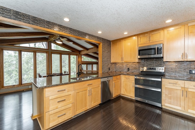 1509 Woodland Dr SW, Rochester, MN 55902 - kitchen with stainless steel appliances, a peninsula, a sink, and light brown cabinets
