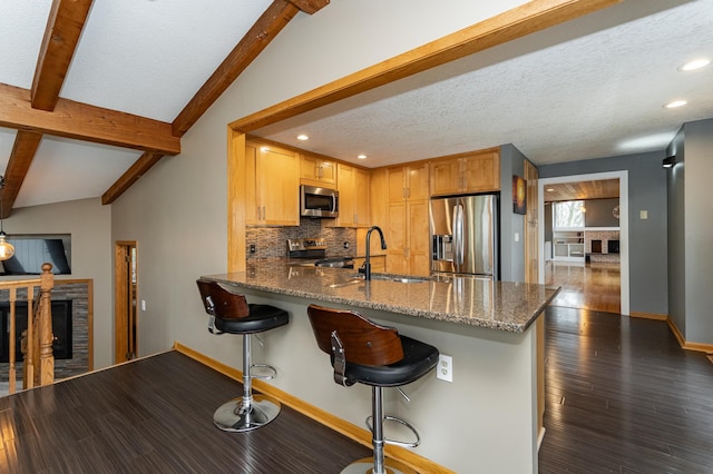 1509 Woodland Dr SW, Rochester, MN 55902 - kitchen featuring decorative backsplash, a peninsula, a fireplace, a sink, and appliances with stainless steel finishes