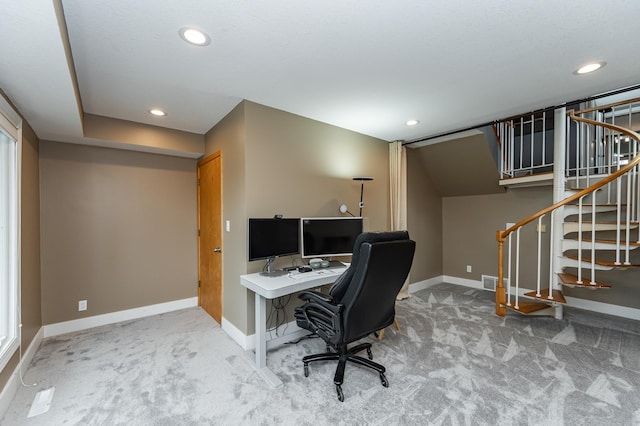 1509 Woodland Dr SW, Rochester, MN 55902 - carpeted home office featuring baseboards, recessed lighting, and visible vents