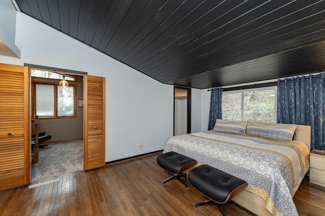 1509 Woodland Dr SW, Rochester, MN 55902 - bedroom featuring baseboards, hardwood / wood-style flooring, wood ceiling, and lofted ceiling