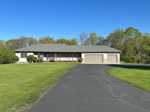 16110 Giefer Ave, Nerstrand, MN 55053 - ranch-style house with an attached garage, a front yard, asphalt driveway, and a porch