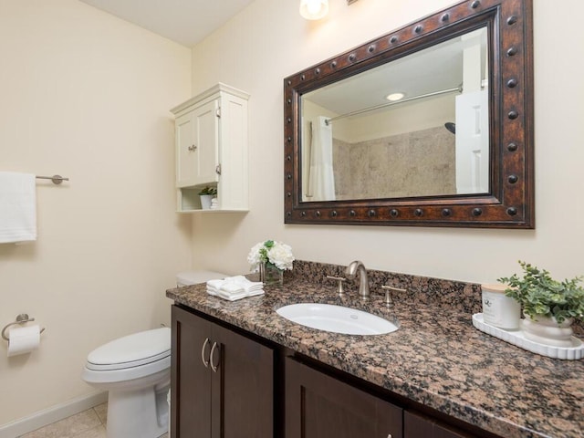 bathroom with tile patterned flooring, toilet, a shower with shower curtain, vanity, and baseboards