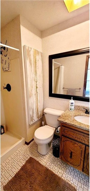 full bathroom with a stall shower, vanity, and toilet