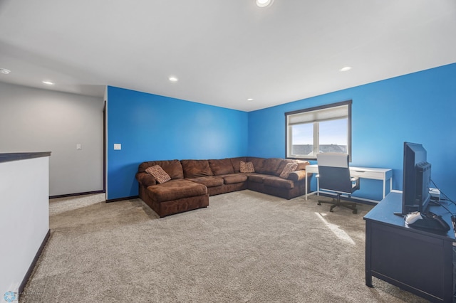 carpeted living room with baseboards and recessed lighting