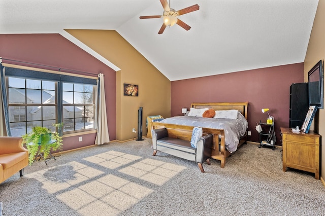 bedroom featuring light carpet, baseboards, vaulted ceiling, and a ceiling fan