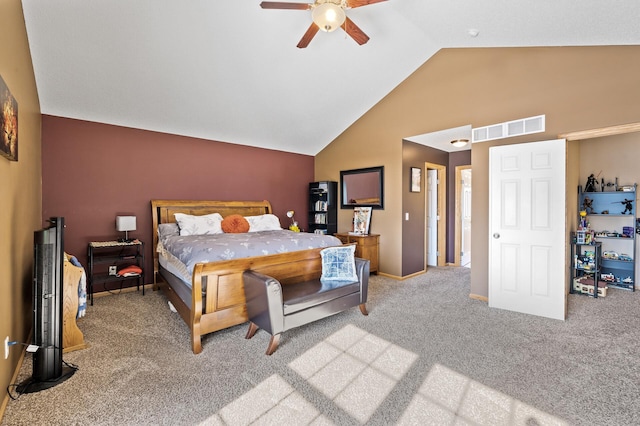 carpeted bedroom featuring vaulted ceiling, a ceiling fan, visible vents, and baseboards