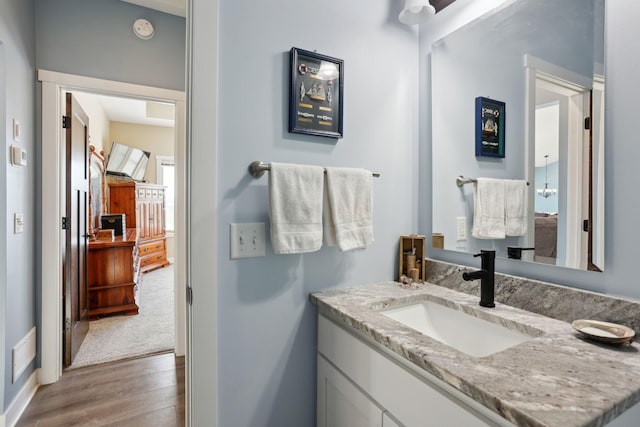 bathroom with visible vents, vanity, and wood finished floors