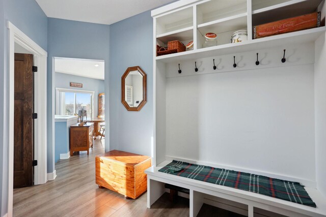 mudroom featuring baseboards and light wood-style floors