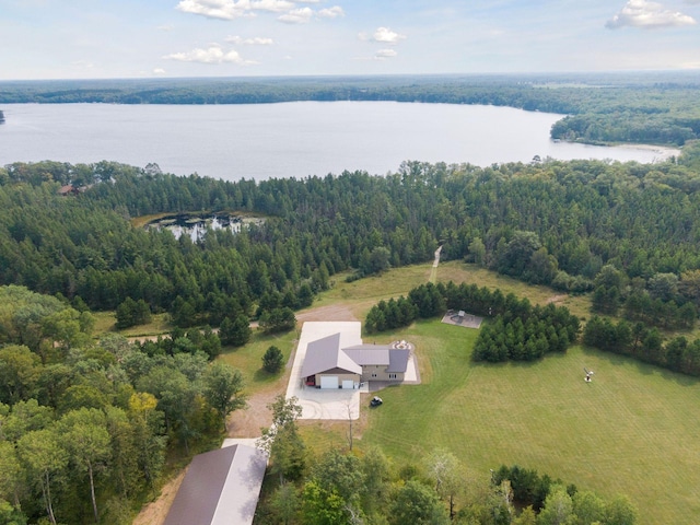 bird's eye view featuring a water view and a view of trees