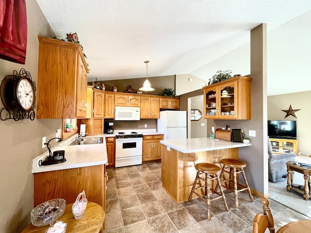 kitchen with white appliances, glass insert cabinets, a peninsula, light countertops, and a sink