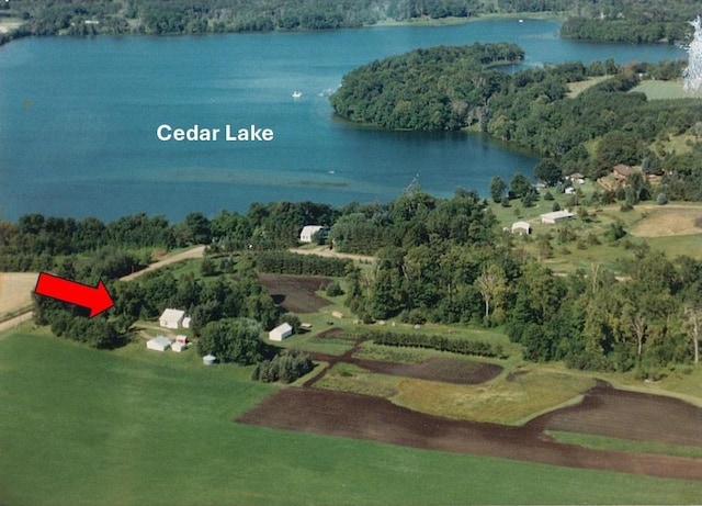 bird's eye view with a water view and a wooded view