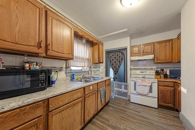 kitchen with white range with electric stovetop, light countertops, a sink, black microwave, and under cabinet range hood