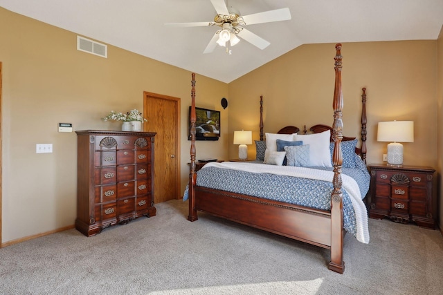 bedroom with light colored carpet, a ceiling fan, baseboards, vaulted ceiling, and visible vents