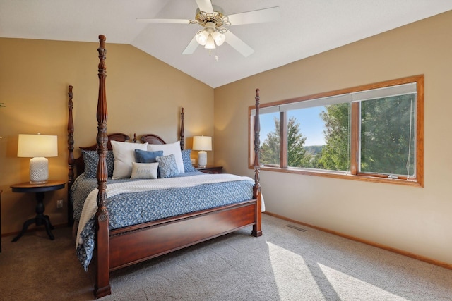 bedroom with visible vents, carpet flooring, vaulted ceiling, ceiling fan, and baseboards