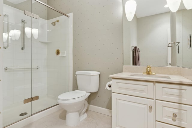 full bathroom with tile patterned floors, a shower stall, baseboards, and wallpapered walls