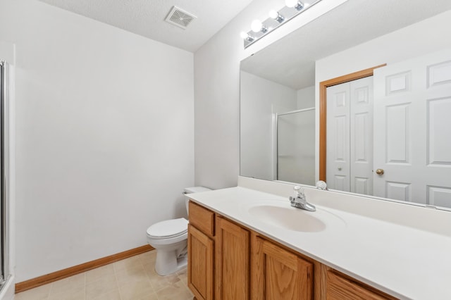 bathroom with toilet, vanity, visible vents, a closet, and a stall shower