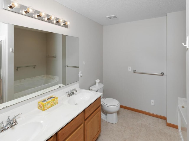 bathroom with a sink, toilet, a garden tub, and visible vents