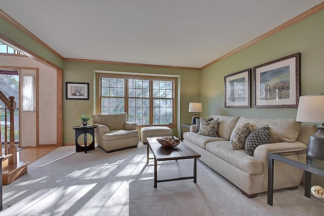 living area featuring light carpet, a wealth of natural light, and crown molding